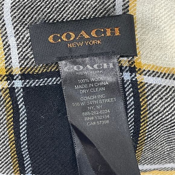 COACH NEW YORK Horse & Carriage Wool Plaid Scarf White Black Square 54" x 54" - Picture 4 of 6